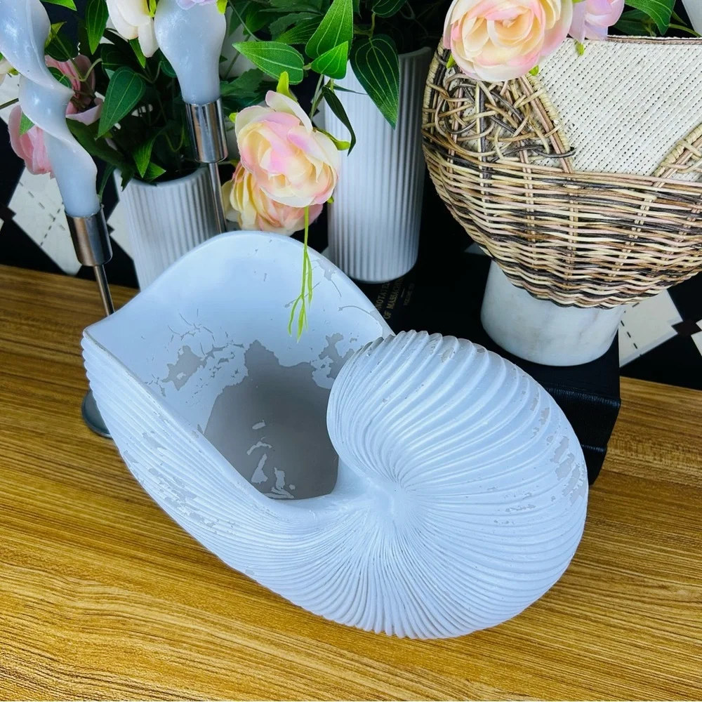 Large‎ Distressed Shell Vase White Resin Organic Sculptural Form Coastal Luxury